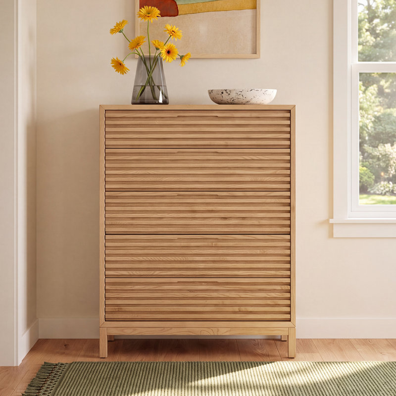 Finnian 38" W Solid Wood 5-Drawer Vertical Chest, Light Oak