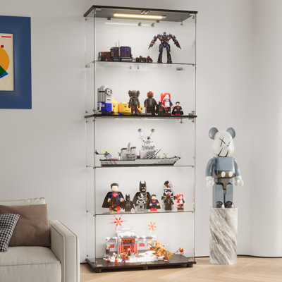 Glass Display Cabinet, Curio Cabinet, Bookcase With 3 Led Lights, 5 Shelf Double Door, Black