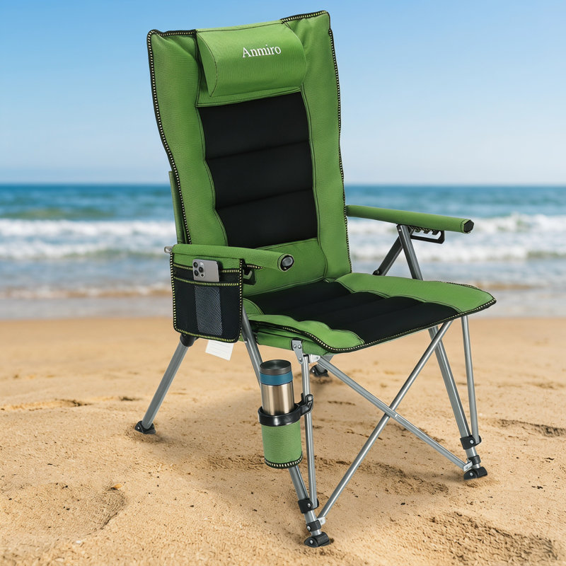 Adjustable Reclining Folding Camping Chair With Cup Holder & Side Pocket, High Back Outdoor Chair For Patio, Camping, Beach, Green