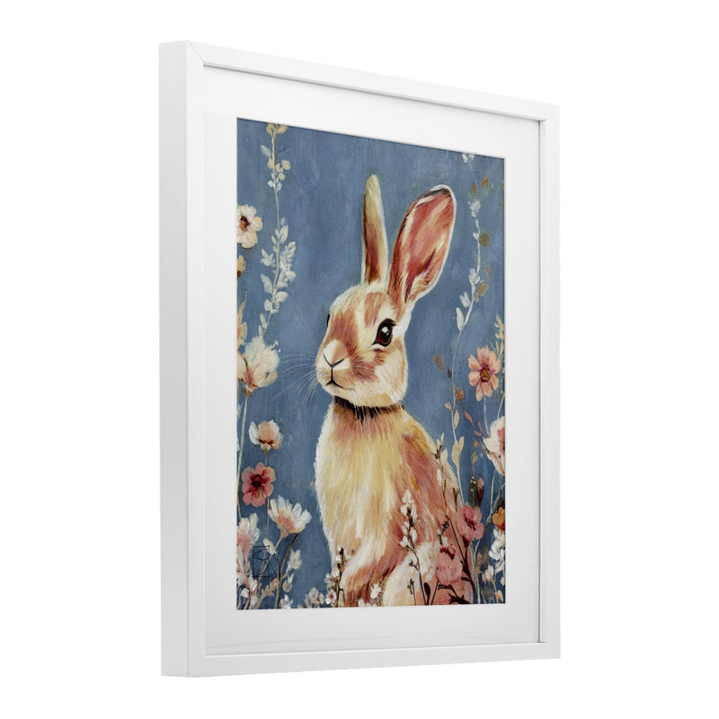 «Whimsical Rabbit on Blue», reproduction d'art sous verre, design par Sara Culpepper, Cadre blanc côtier, H 16 po x l 13 po