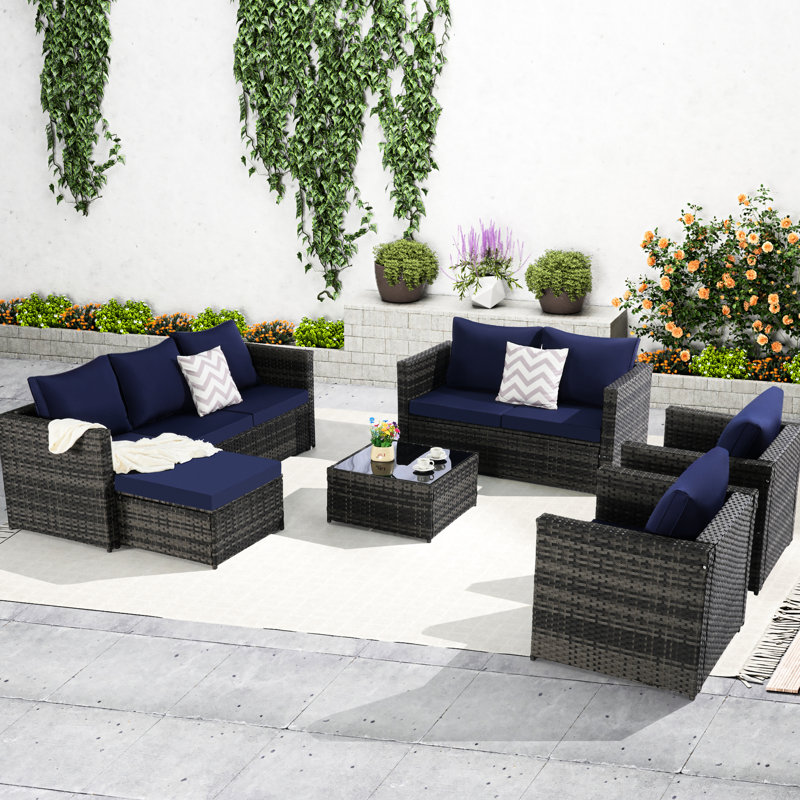 6 pièces de patio - avec coussins répulsifs, coussins et table en verre pour une utilisation extérieure tout temps
