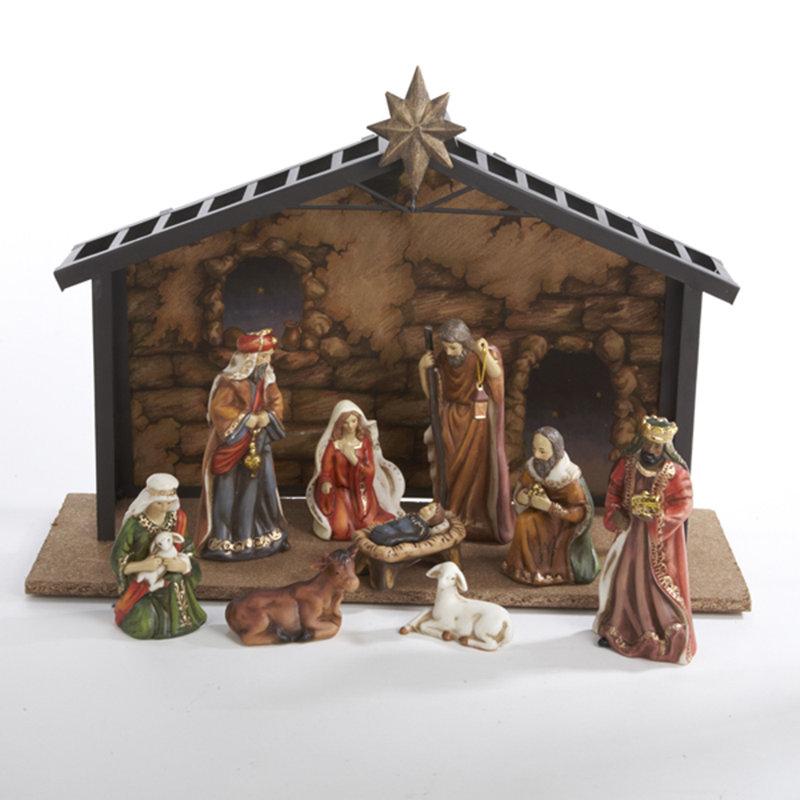 Kurt Adler 10-Piece Porcelain Christmas Nativity Set with Metal Crèche
