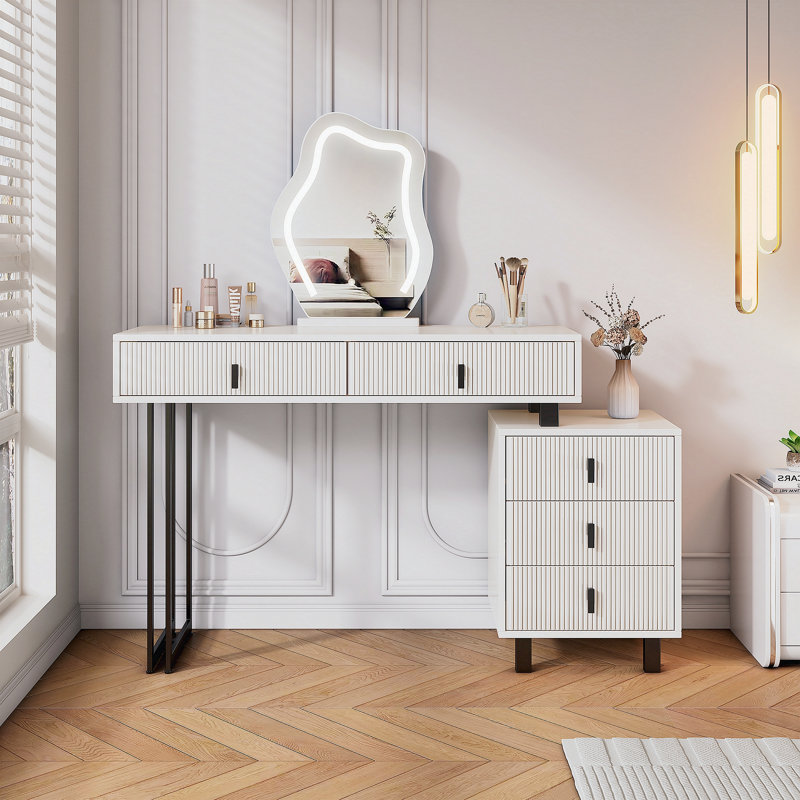 Adjustable-Length Vanity with Cloud LED Mirror - Modern Makeup Table with Storage Drawers & Side Cabinet, Ribbed Texture Design for Bedroom, Dorm & Small Spaces