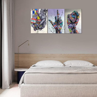 3 Pieces Colorful Graffiti Wall Art - Street Canvas Hip Hop Gesture Posters Decor Inspirational Fist Painting For Home Decor(16X24inchx3pcs), Hiphop-Dan-30, 16X24inx3pcs