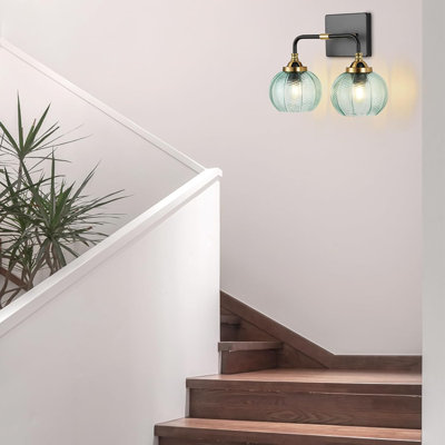 Black And Gold Bathroom Light Fixtures,2-Light Bathroom Vanity Light Over Mirror With Green Ribbed Glass Shade,Modern Farmhouse Wall Sconces Lighting For Kitchen Living Room Cabinet