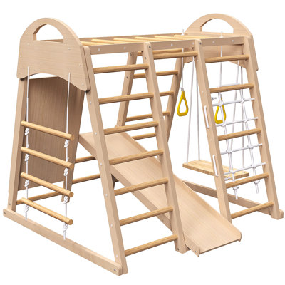 Indoor Playground 7-In-1 Jungle Gym Playset Slide, Climbing Wall, Rope Wall Climber, Monkey Bars, Swing - Waldorf And Montessori Style Wooden Climb Se