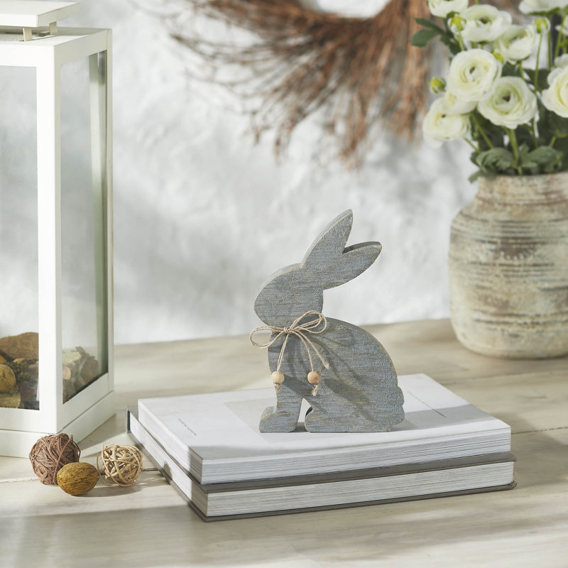 Bunny Hop Wooden Sitting Bunny Grey w/ Natural Beads, 8" H x 5" W x 1" D