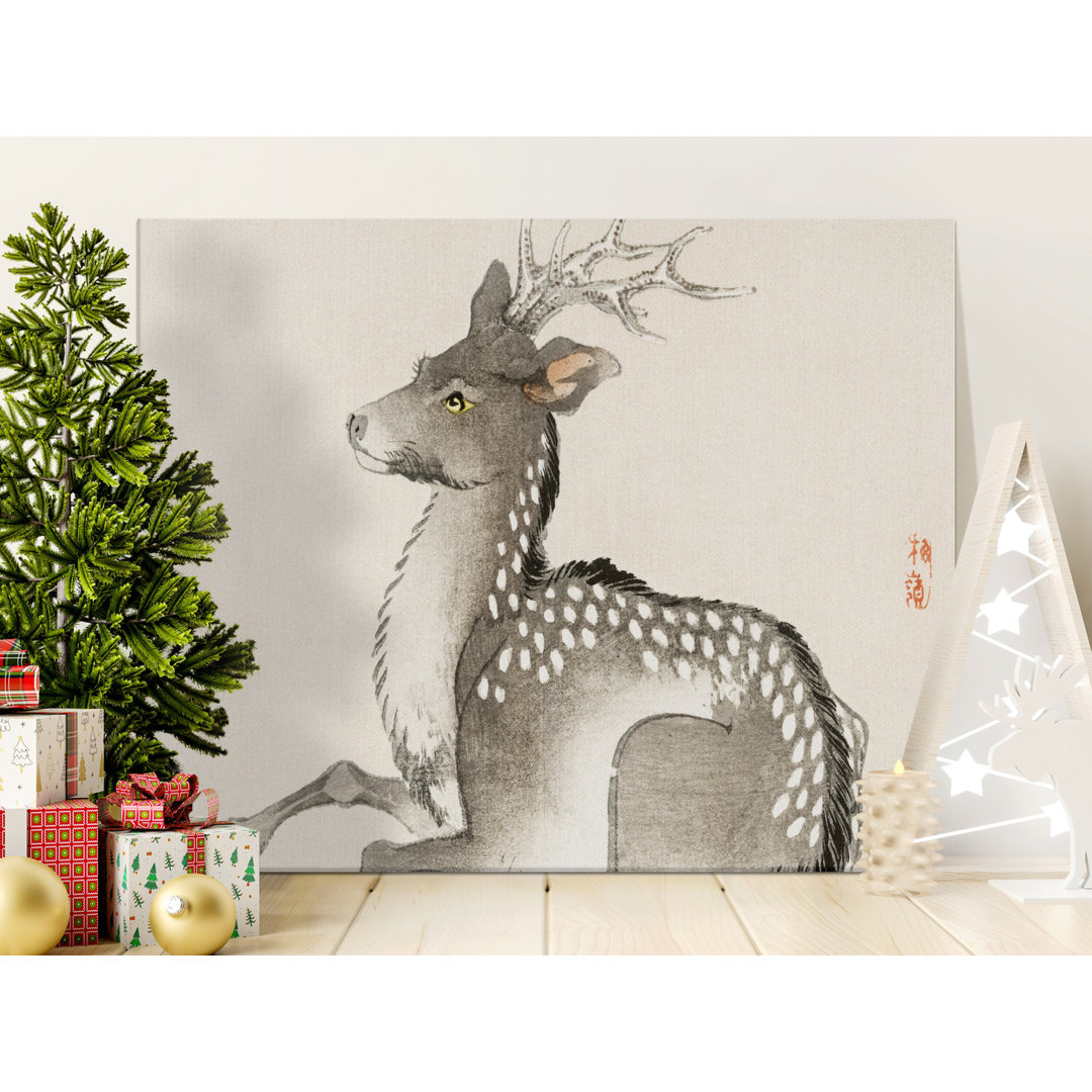 Japanese Deer Art Canvas Print, Vintage Sika Deer Wall Decor, Tranquil Asian Ink Wash Aesthetic, Nature Lover Gift for Home