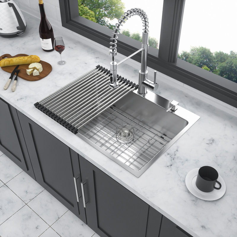 Évier de cuisine encastré en acier inoxydable, évier encastrable 25 po x 22 po x 10 po à cuve simple à entraxe profond de calibre 16 R10