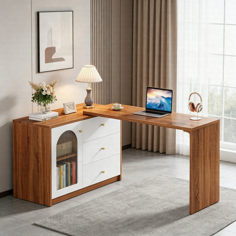 L-Shaped Computer Desk, Reversible Corner Desk With Storage Cabinet, 3 Drawers & Shelves For Home Office, Rustic Brown