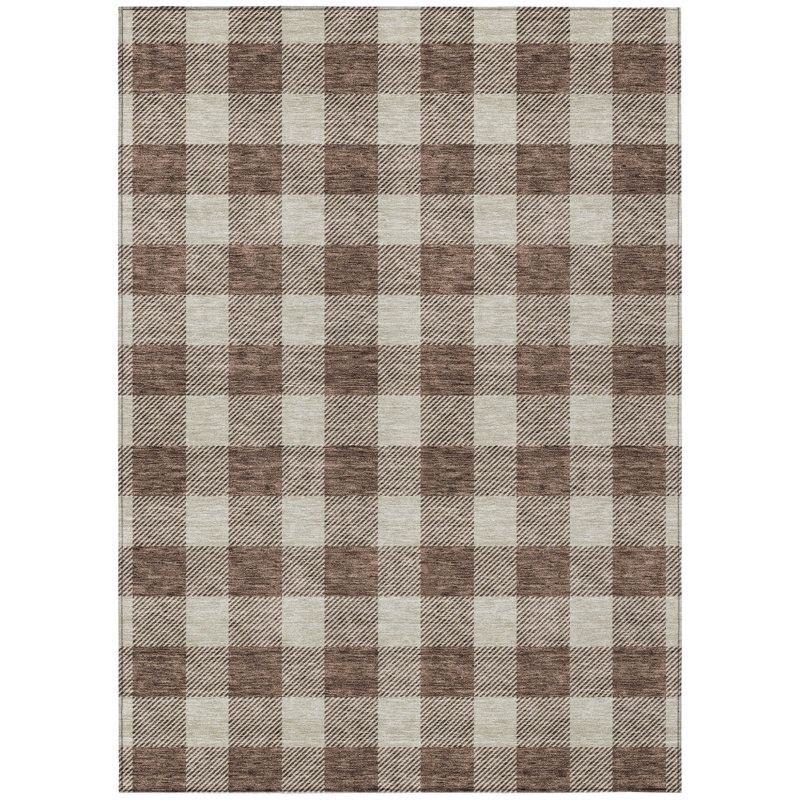 3' X 5' Brown Plaid Washable Indoor Outdoor Area Rug