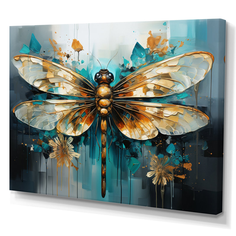 Bleu sarcelle, turquoise, libellule, gouttes I - Libellule, art mural, H 24 po x l 32 po x P 1 po, Toile tendue