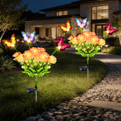 Lot de 2 lampes solaires de jardin à piquer, 7 fleurs de lotus violettes et 3 papillons colorés, éclairage crépusculaire blanc chaud, étanche IP65, pour parterres de fleurs, allées et jardinières.