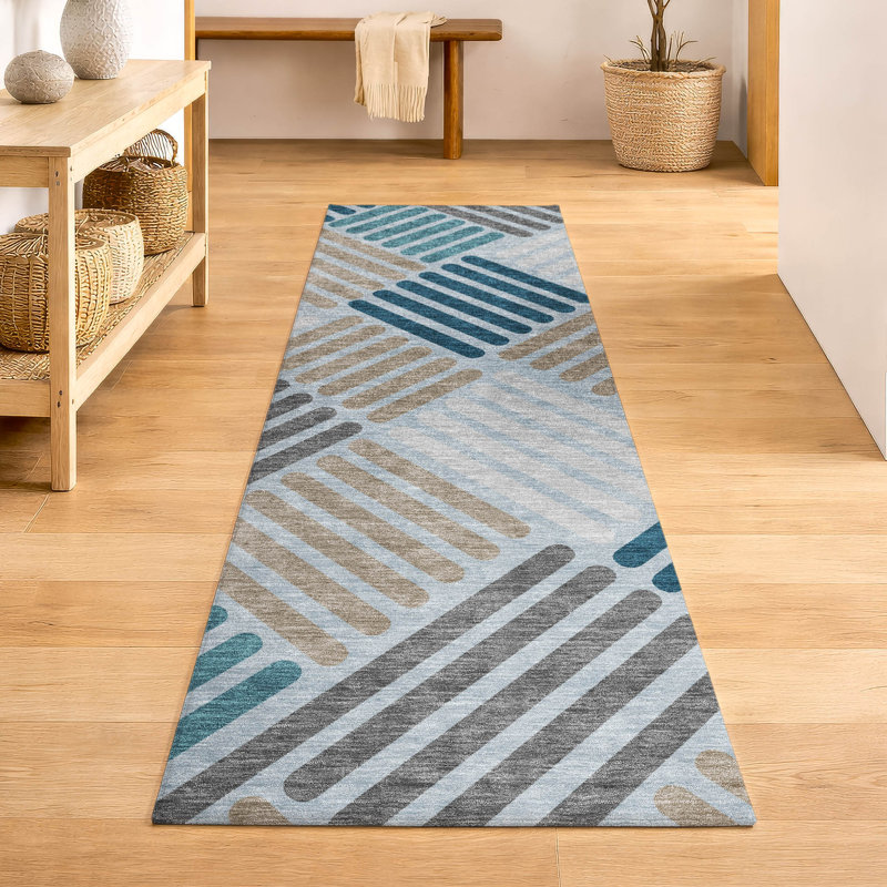 Premium Machine Washable Mayfield AMF2339 Geometric Rug, 2'3" x 7'6" Runner, Teal