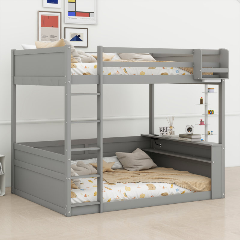 Lit superposé en bois avec tablettes intégrées, Gris