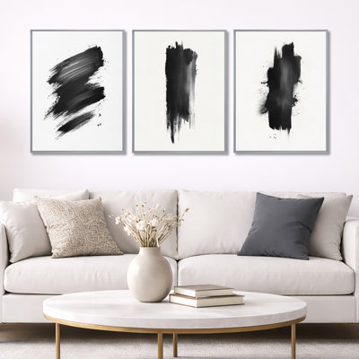 Art mural minimaliste noir et blanc - méditation coup de pinceau - minimalisme abstrait, impression sur toile encadrée 3 pièces