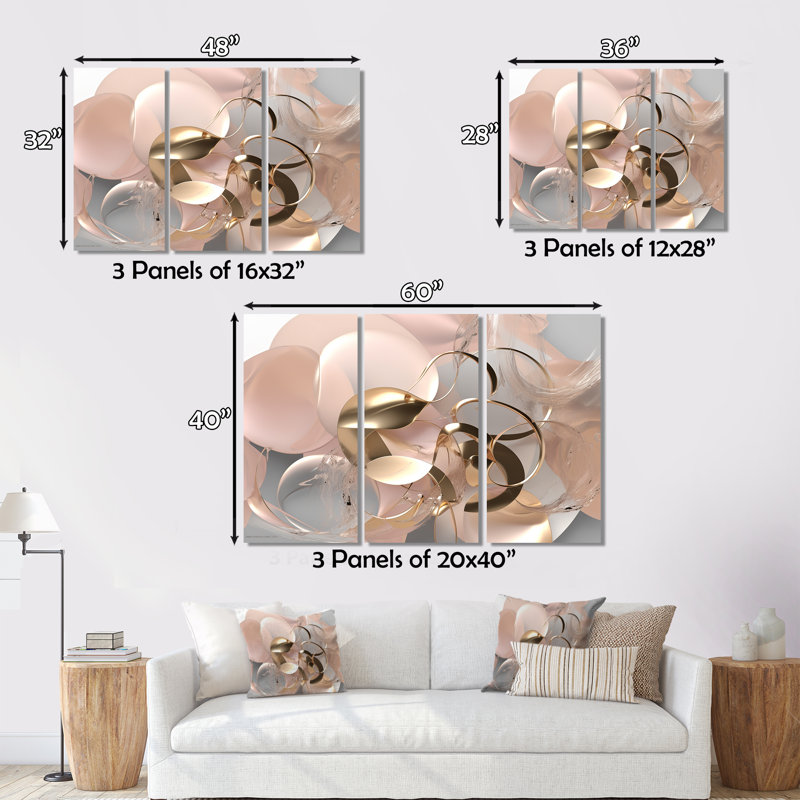 Art liquide, effervescence dorée et rose sur toile, 3 pièces, H 28 po x l 36 po x P 1 po