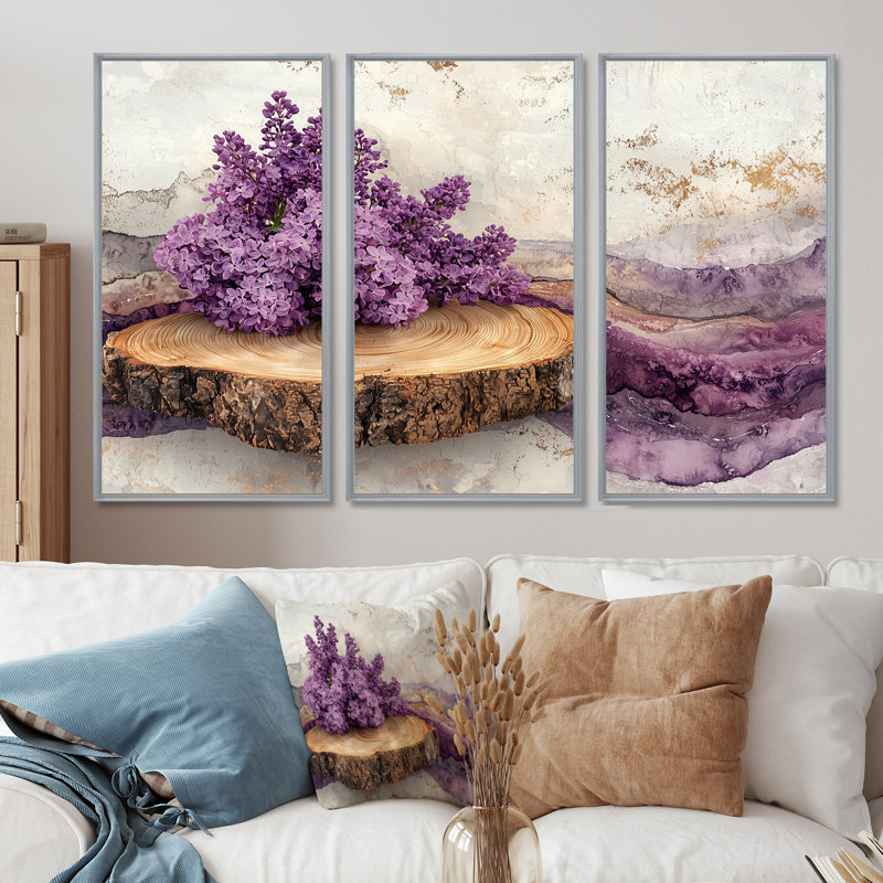 Fleurs de lilas dans un motif de glissière en bois I - art mural lilas - ensemble de 3, H 28 po x l 36 po, Argent argent