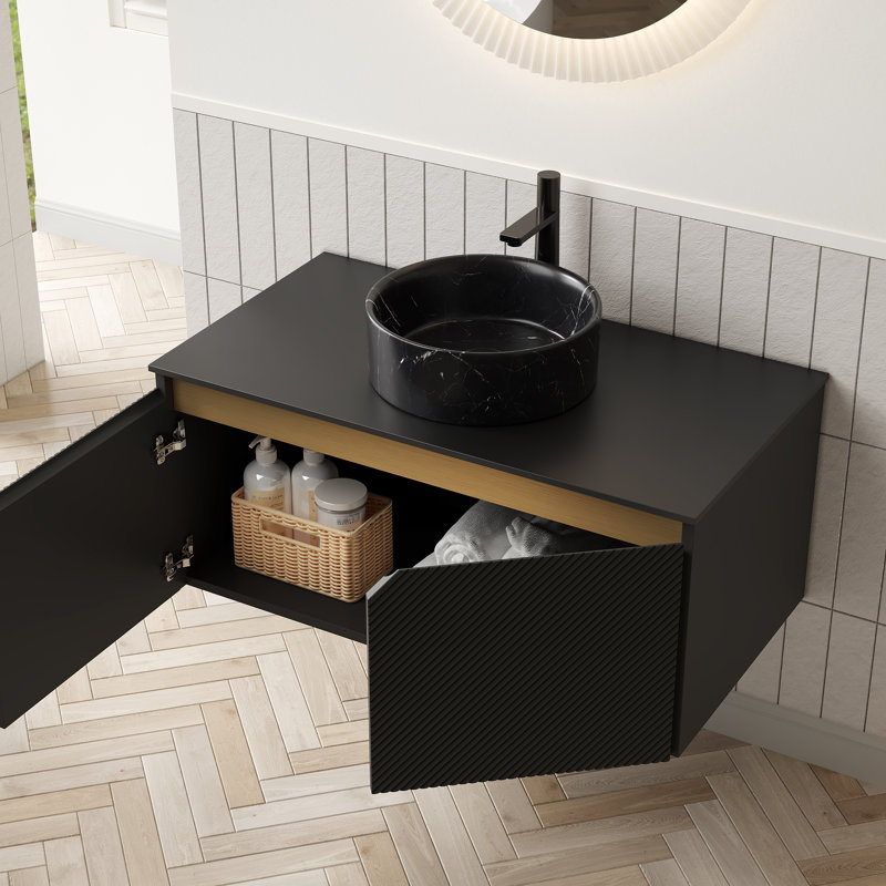 Ruben 36" Bathroom Vanity&Sink, Wall-Mounted Floating Plywood Storage Cabinet, Twill Double Doors With Metal Trim, Black Bowl Ceramic Vessel Basin With Stone Pattern&Black Sintered Stone Top, Black