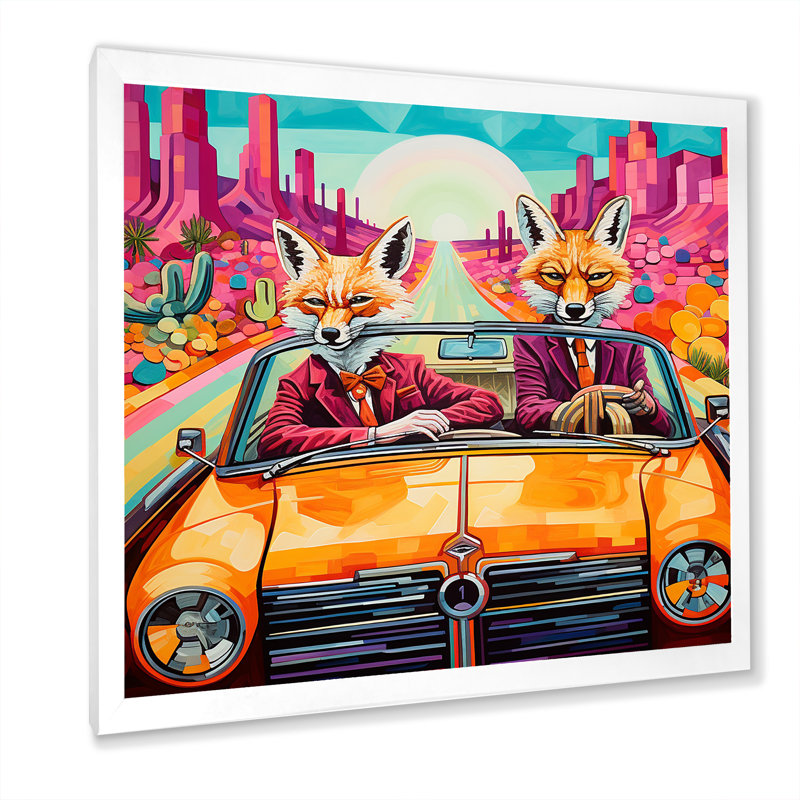 Art mural, renard aventureux au volant II, Cadre photo blanc, H 16 po x l 16 po x P 1 po