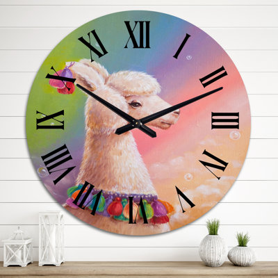 Portrait Of Lama On Rainbow Sky - Children's Art wall clock