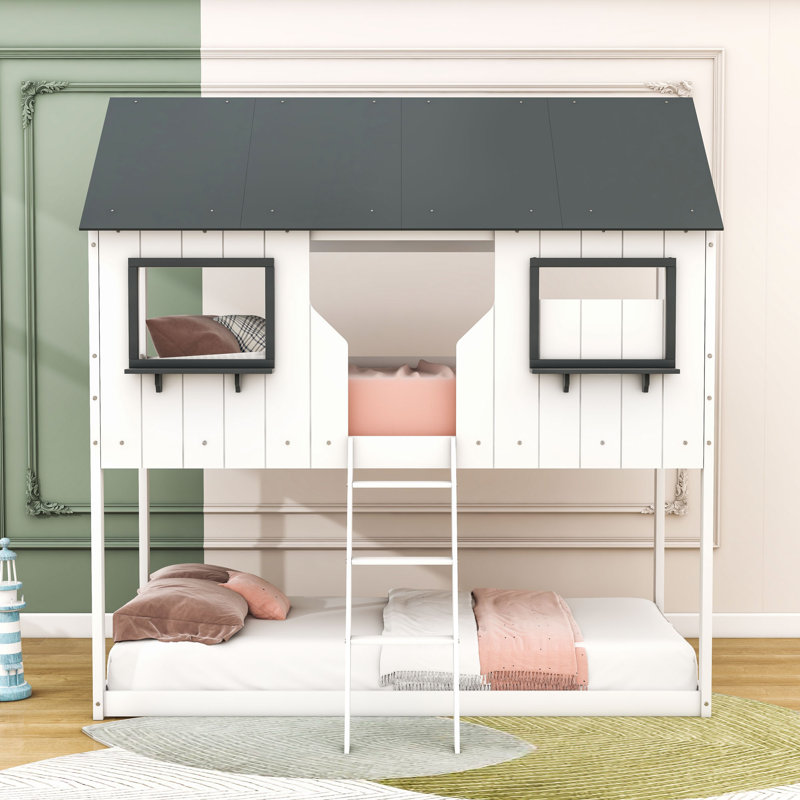 Lit simple superposé en bois avec garde-corps et échelle, White
