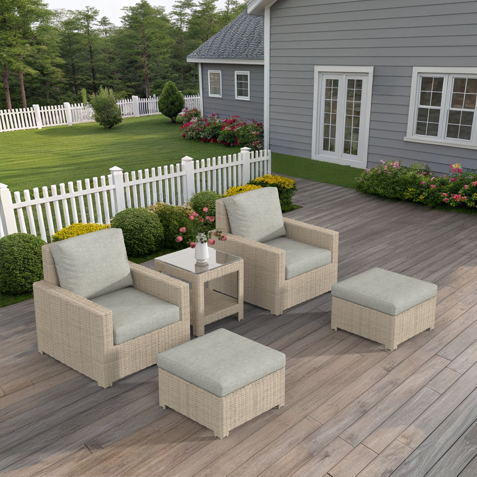 Henri Outdoor Conversation Set With Ottomans And Sunbrella Cushions, Canvas Granite
