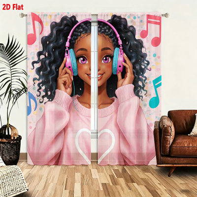2 Piece Cute Cartoon Girl Pattern Curtains Aesthetic Music Notes Printed Window Drapes Soft Fabric Window Coverings For Bedroom Living Room Home Decor