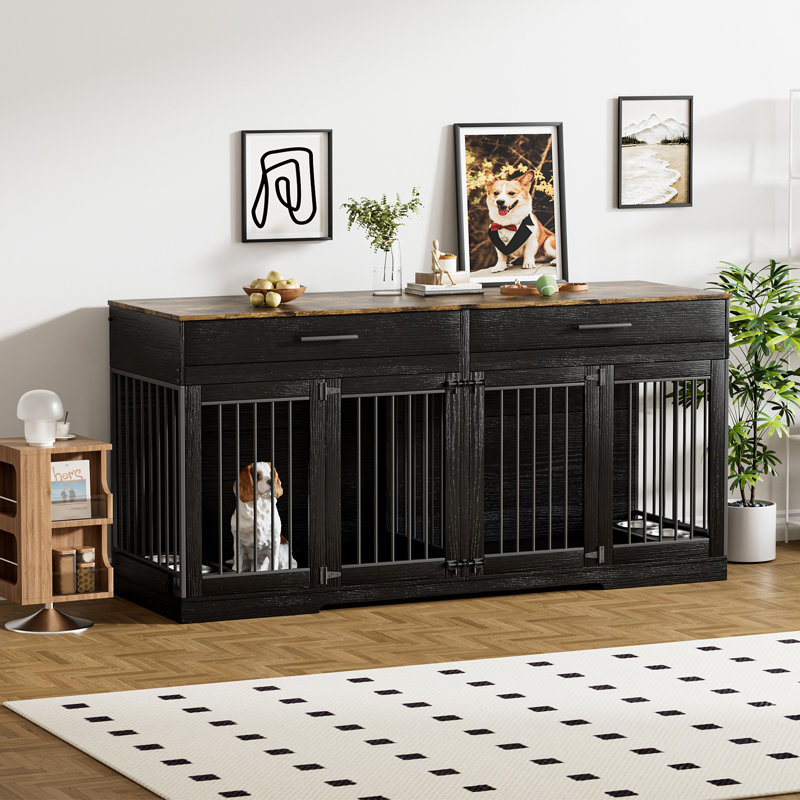 Meuble en bois pour cage de chien avec séparateur renforcé, 2 tiroirs et 2 bols pour chien., Noir / brun