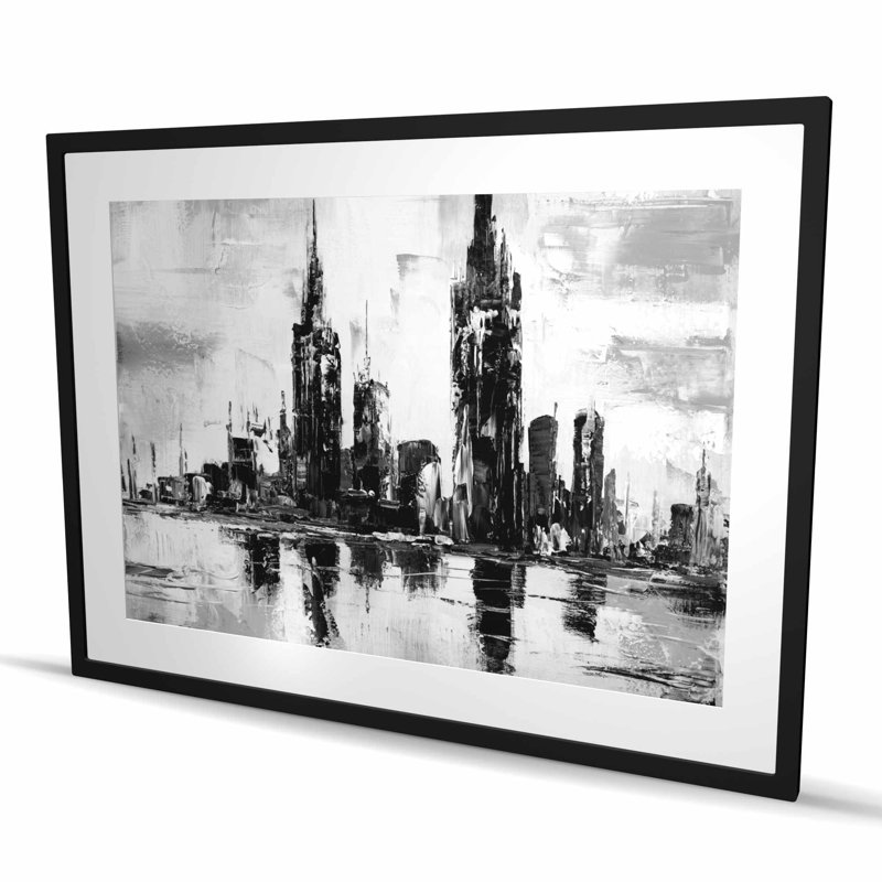 Paysage urbain urbain mono - imprimé mat noir encadré, H 36 po x l 48 po, Noir