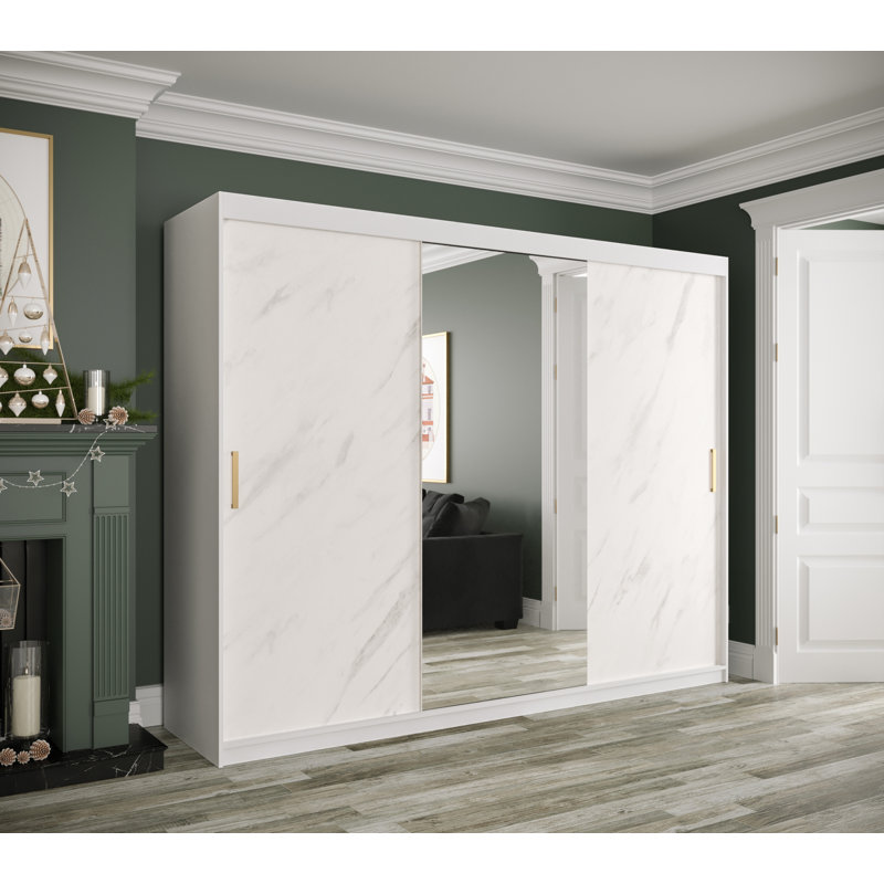Alynn Manufactured Wood Wardrobe, White Matt/White Marble, 200cm H x 250cm W x 62cm D