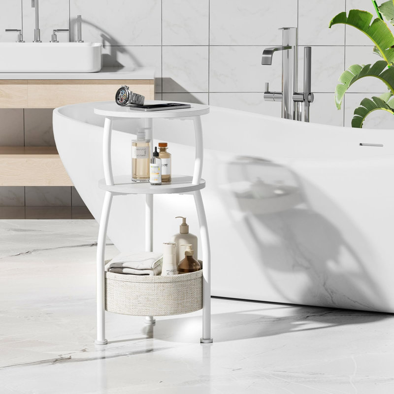 Petite table d'appoint ronde à 3 niveaux avec table d'appoint et panier de rangement pour canapé, Blanc mat / blanc, Blanc