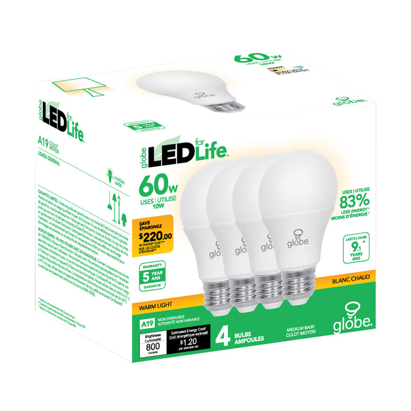9,5 watts (60 watts équivalent), ampoule a19, ampoule non-atténuée, socle e26/moyen (standard), 3000 K