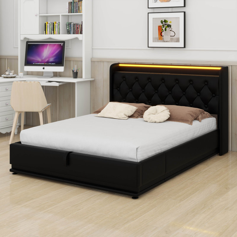 Grand lit moderne avec rangement relevable, cadre de lit à DEL avec station de charge, lit plateforme tapissier avec tête de lit à oreilles, télécommande, lumières DEL