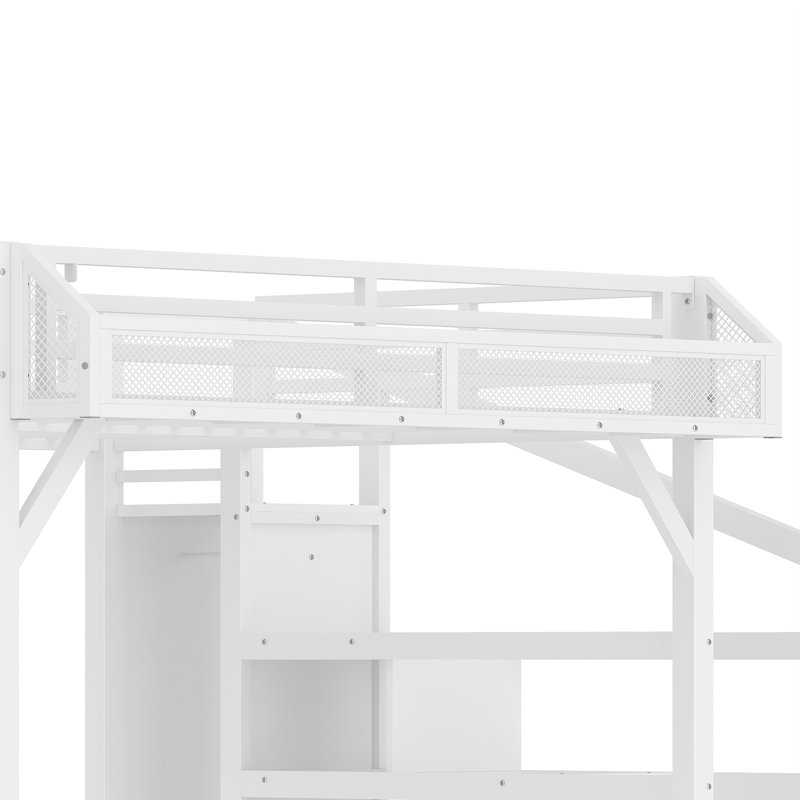 Riott Metal Loft Bed with Storage Stairs, Wardrobe, USB Ports & LED Lighting, Queen, White