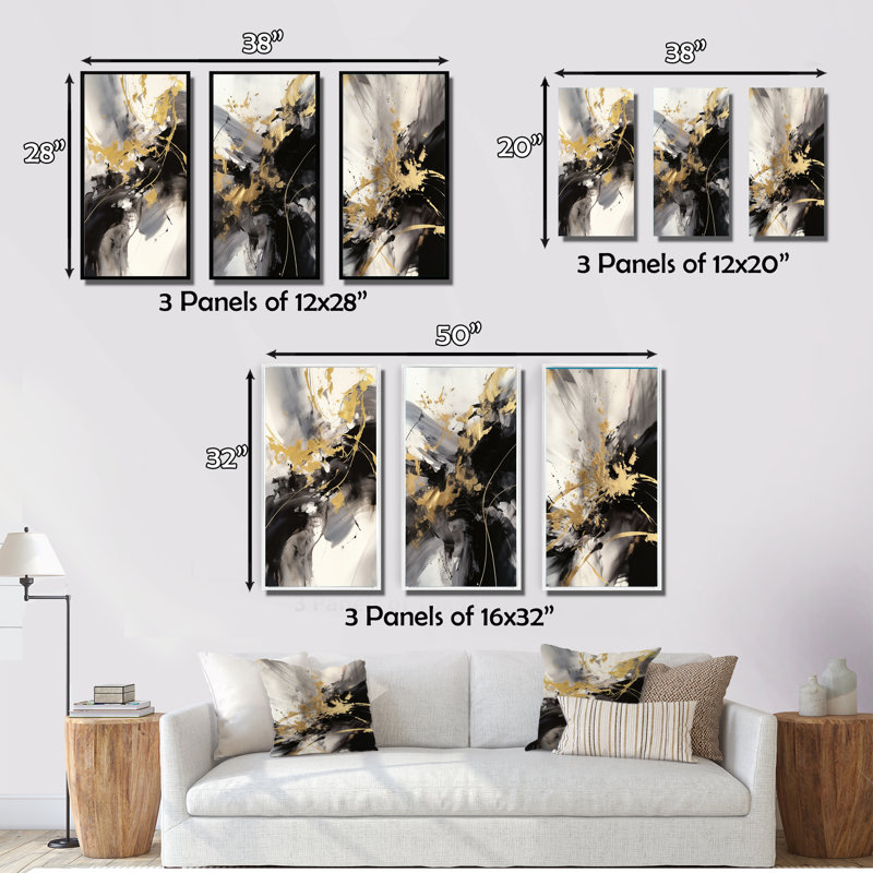 Or et gris fluides fusion III - ensemble d'art abstrait mural de 3, Cadre flottant noir, H 32 po x l 48 po
