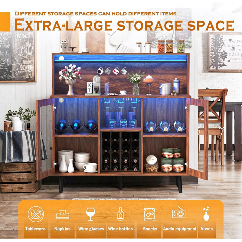 Wine Bar Cabinet With Led Light, Coffee Cabinet With Wine Rack And Glass Holder, Home Liquor Cabinet With Adjustable Shelf And Acrylic Door, Buffet Sideboard For Kitchen, Living Room