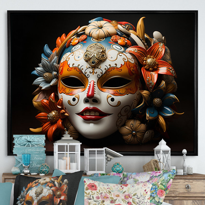 Japon Art Kabuki Mask - Japanese Wall Art Prints, Cadre flottant noir, H 34 po x l 44 po x P 1,5 po