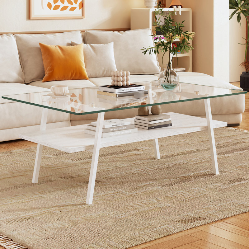 Table basse moderne avec support en verre trempé transparent et pieds en métal pour configuration rectangulaire élégante dans le salon