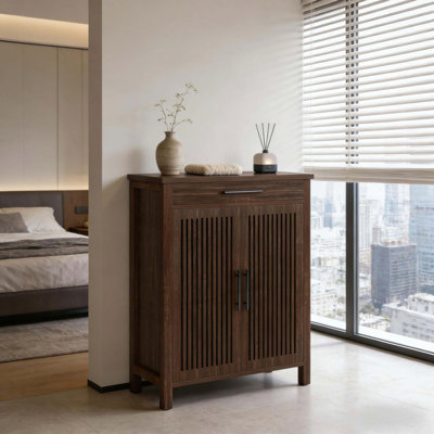 Vintage Shoe Cabinet with Louvered Doors and Adjustable Shelving