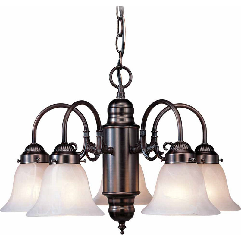  Elizalde 5-Light Indoor Antique Bronze Hanging Chandelier with Alabaster Glass Bell Shades, Antique Bronze