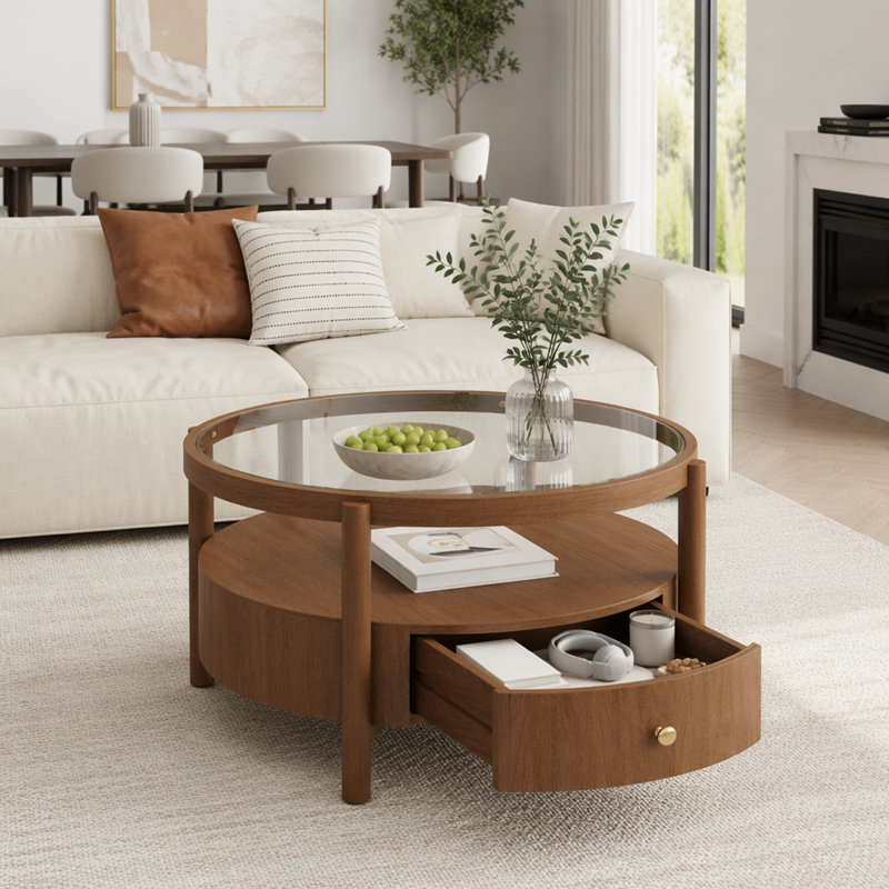 Solid Wood Round Glass Top Coffee Table with Storage Drawer