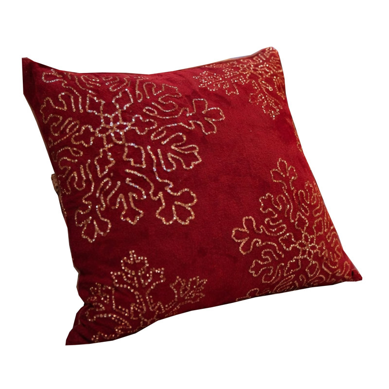 Coussin décoratif carré Rola, broderie flocon de neige doré, velours rouge 20 po, Rouge / doré