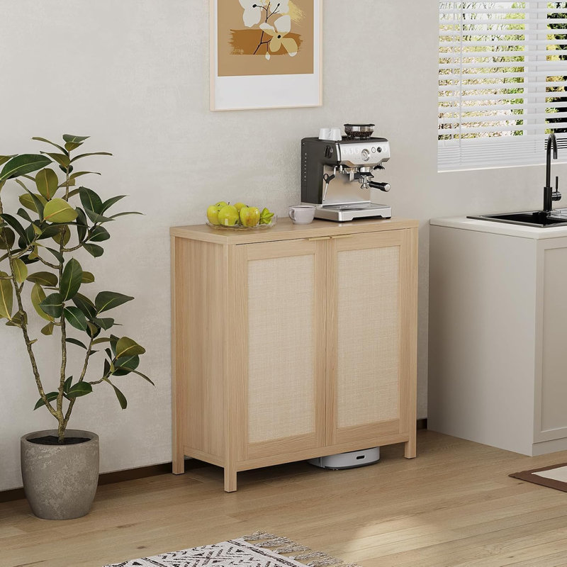 Rattan Sideboard Buffet Storage Cabinet, Console Table With Adjustable Shelves And Metal Handles, Yellow