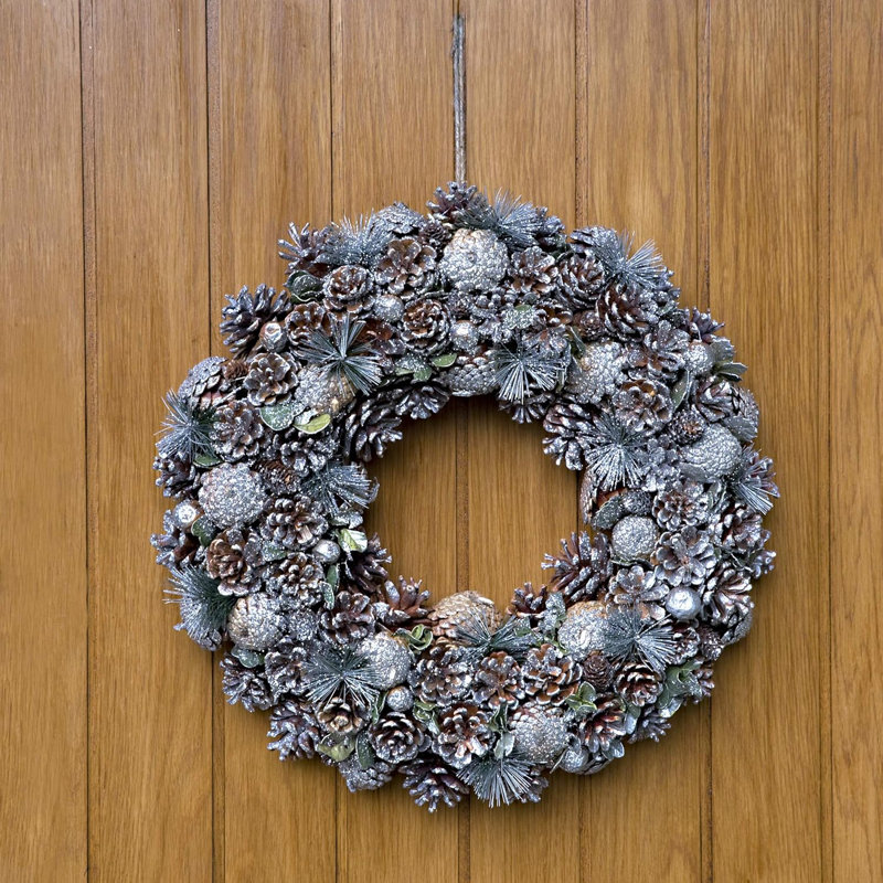 Christmas Hanging Wreath Small - Festive Silver Display with Pine Cones, 48cm x 48cm