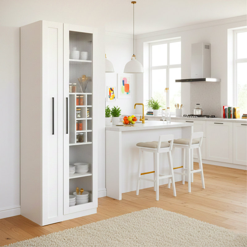 Armoire de garde-manger avec 5 tablettes coulissantes à plusieurs niveaux et portes en verre, armoire de rangement pour cuisine, salle à manger ou salon