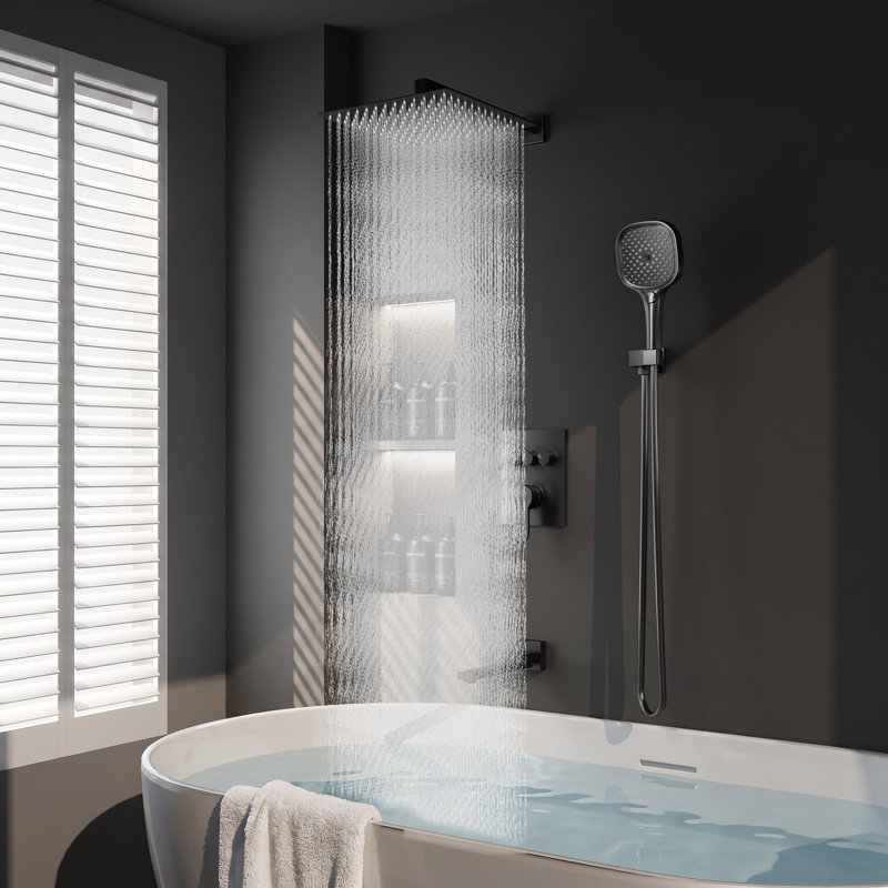 Système de baignoire et de douche à effet pluie de 30 cm (12 po) à pression équilibrée avec douchette à main à 4 fonctions, bec de baignoire pivotant et robinet d'encastrement