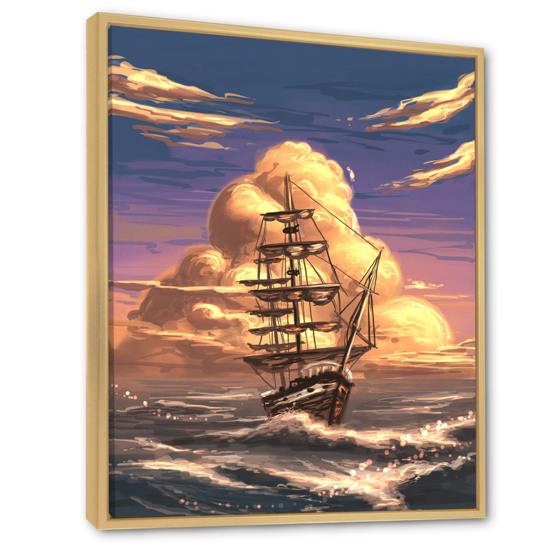 «Video Game Fantasy Ship Coastal Sunset», reproduction de photo sur toile, H 20 po x l 12 po x P 1 po, Cadre flottant brun