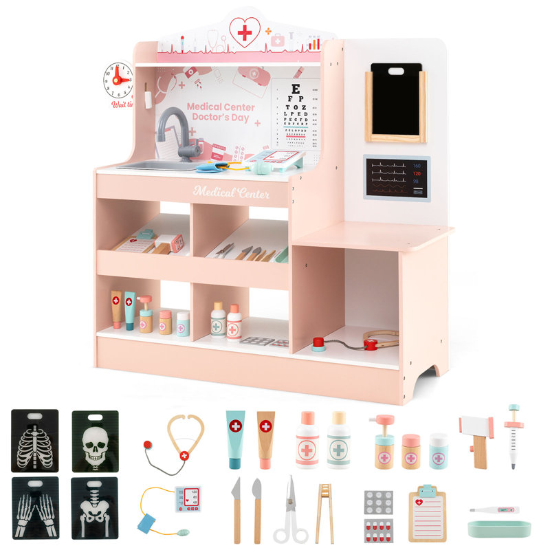 Wooden Doctor Playset Role Play Medical Toy W/stethoscope Ecg Monitor, X-ray Film, Pink