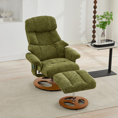 069-Fauteuil inclinable ergonomique avec repose-pieds, méridienne moderne pivotante à 360 ° avec repose-pieds, tissu chenille, massage par vibration à 5 points, siège chauffant et dossier réglable à 140 ° pour la maison ou le bureau, vert